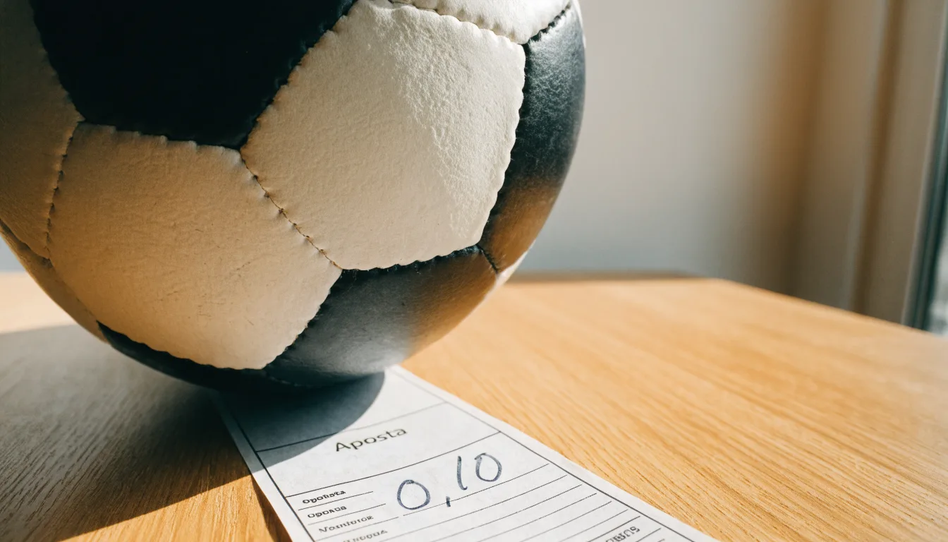 Uma bola de futebol pousada sobre um talão de apostas em branco numa mesa de madeira, à luz do dia