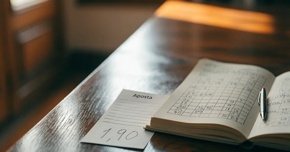 Um talão de apostas em branco ao lado de uma calculadora e de um bloco de notas com um esquema desenhado à mão