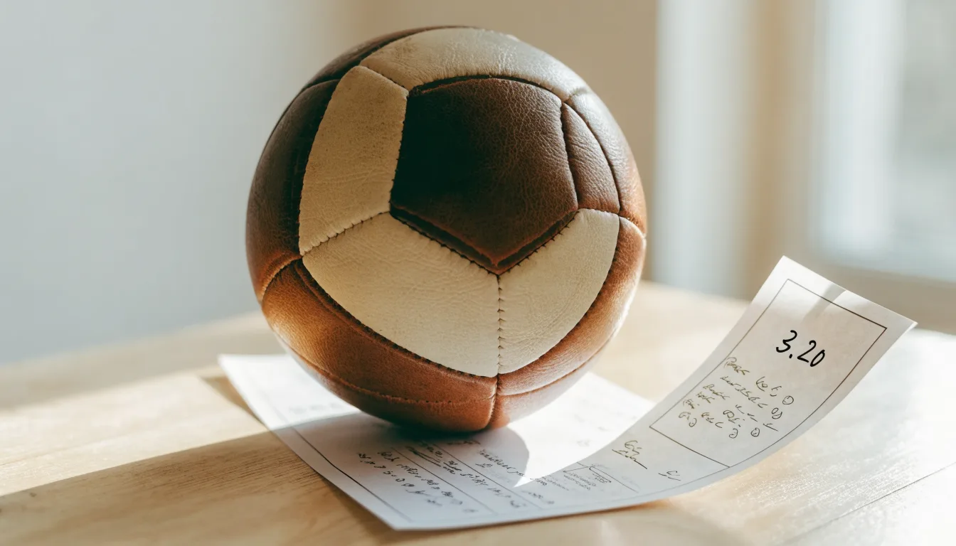 Uma bola de futebol pousada sobre um talão de apostas em branco numa mesa de madeira, à luz do dia