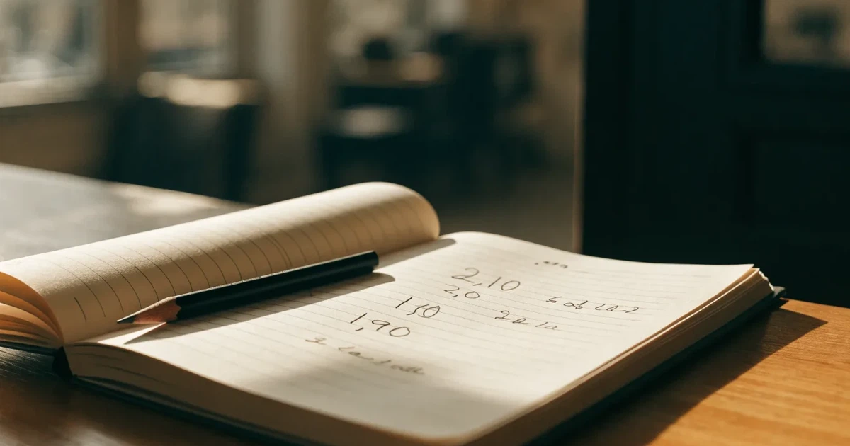 Um caderno aberto com cotas escritas à mão, uma calculadora e um lápis sobre uma mesa de madeira