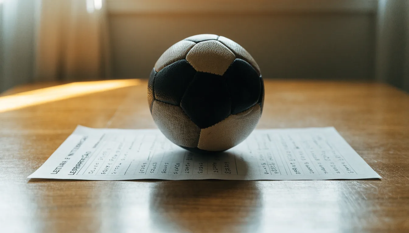 Uma bola de futebol pousada sobre um talão de apostas em branco numa mesa de madeira, à luz do dia