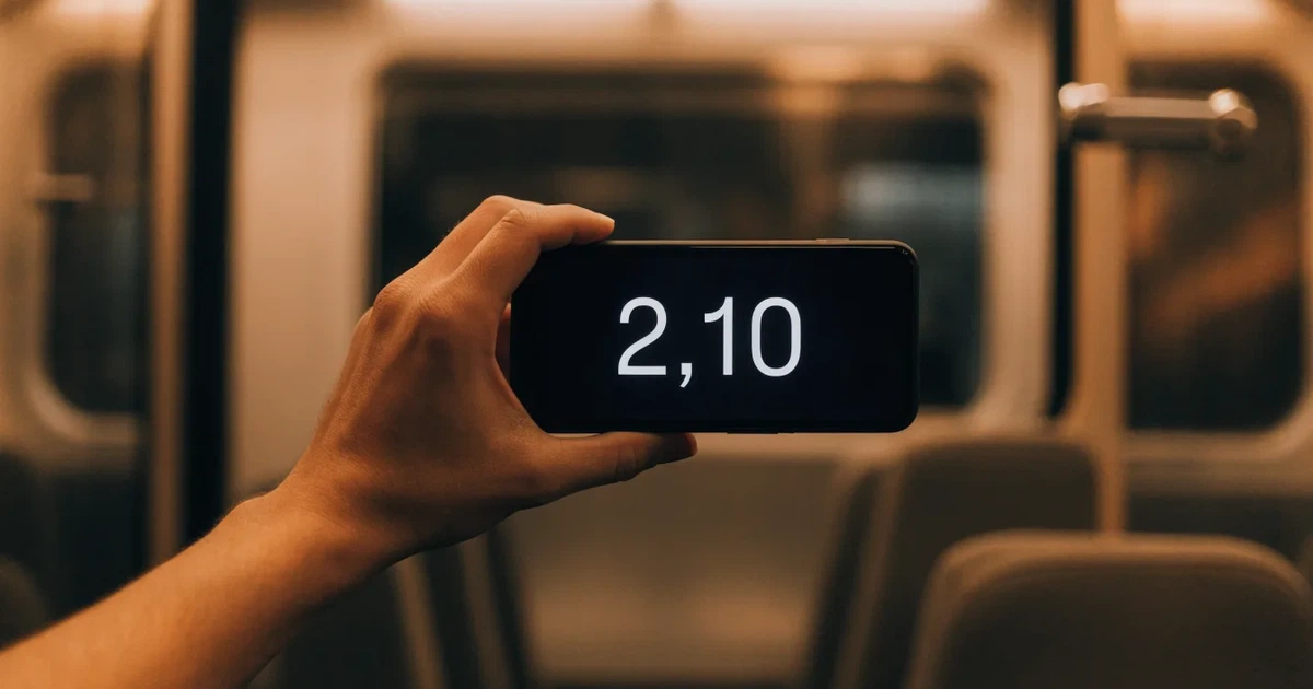 Uma mão a segurar um telemóvel com uma aposta no ecrã, num comboio ao fim da tarde