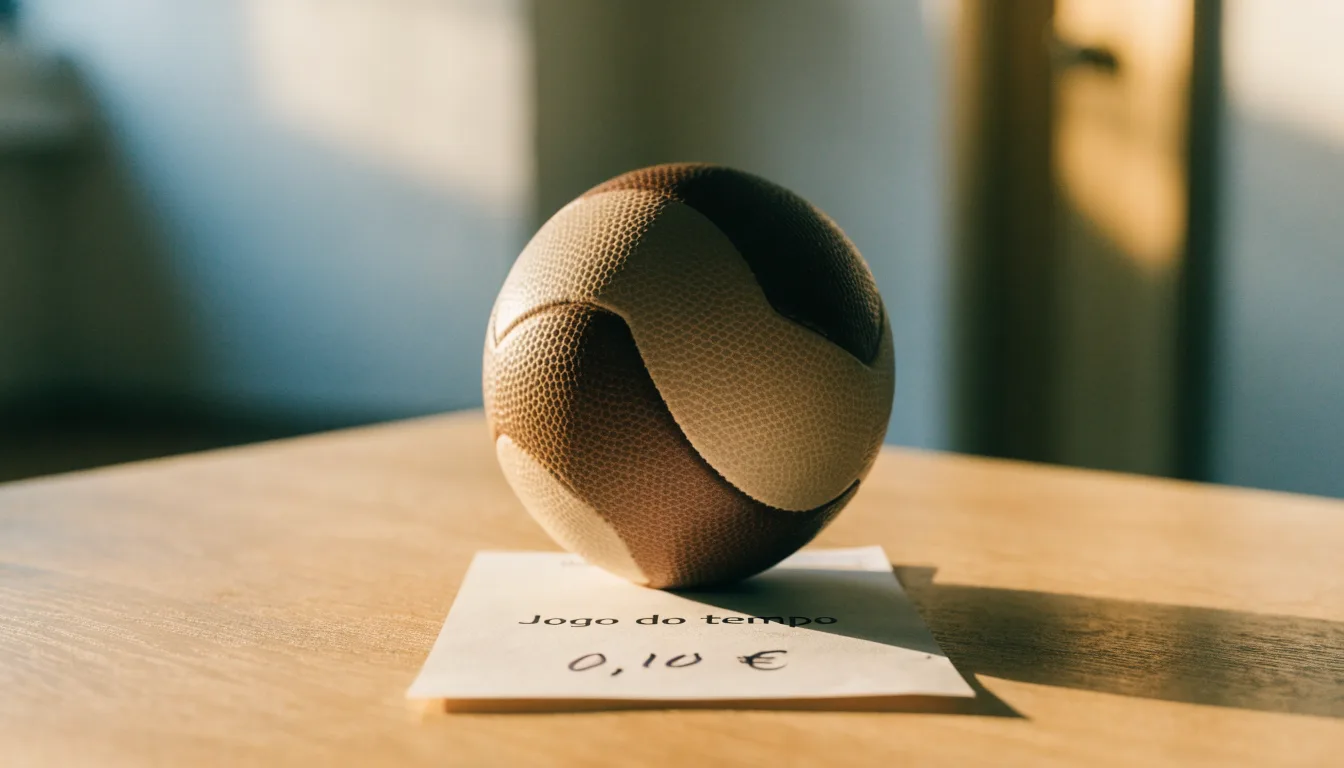 Uma bola de futebol pousada sobre um talão de apostas em branco numa mesa de madeira, à luz do dia