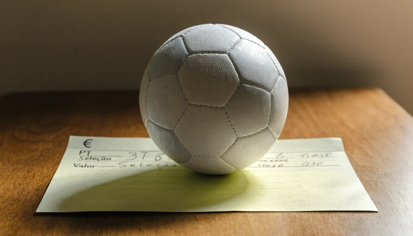 Uma bola de futebol pousada sobre um talão de apostas em branco numa mesa de madeira, à luz do dia