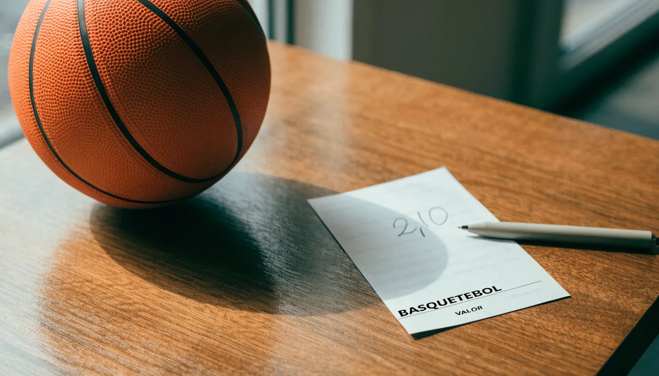 Uma bola de futebol pousada sobre um talão de apostas em branco numa mesa de madeira, à luz do dia