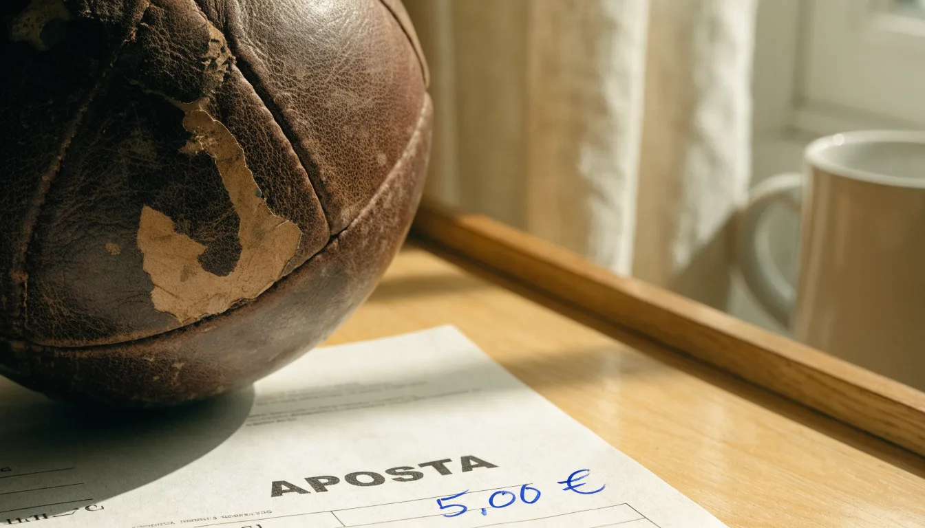 Uma bola de futebol pousada sobre um talão de apostas em branco numa mesa de madeira, à luz do dia