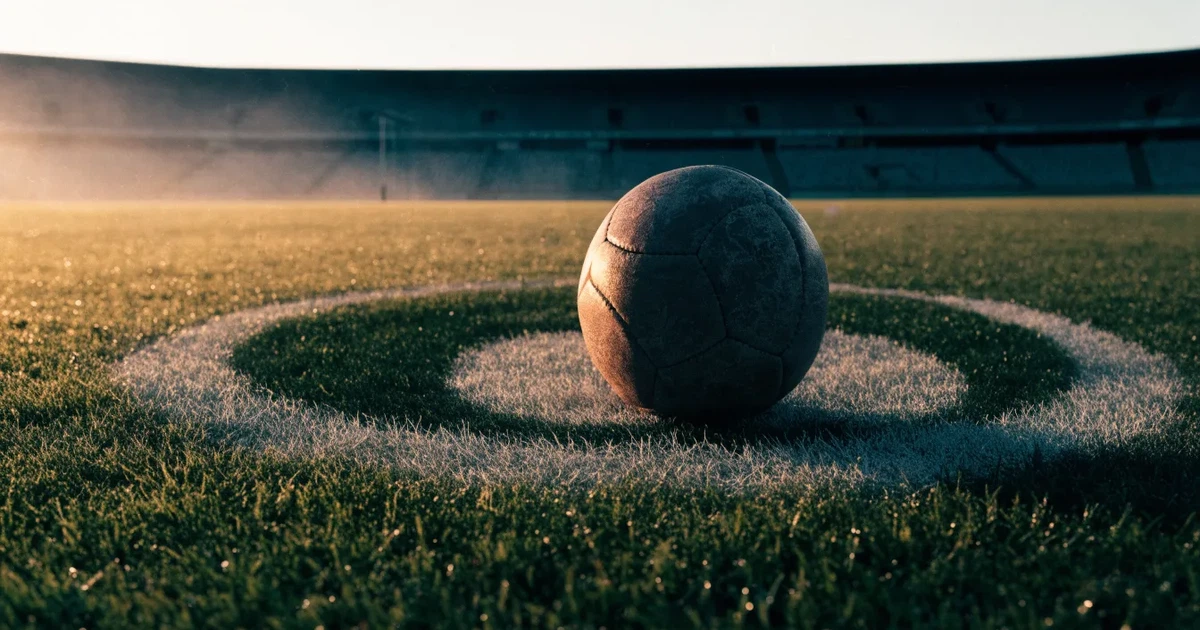 Uma bola de futebol no ponto central de um relvado, à luz da manhã