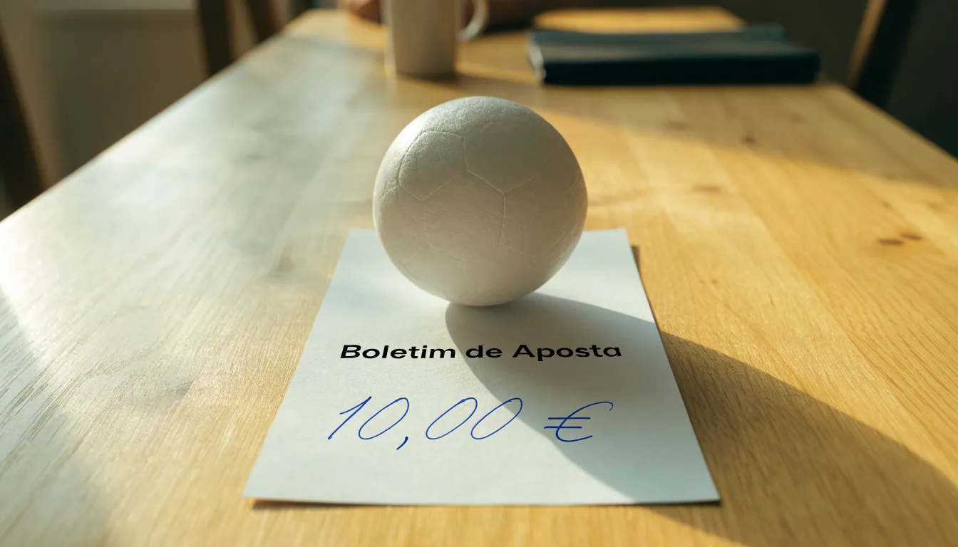 Uma bola de futebol pousada sobre um talão de apostas em branco numa mesa de madeira, à luz do dia