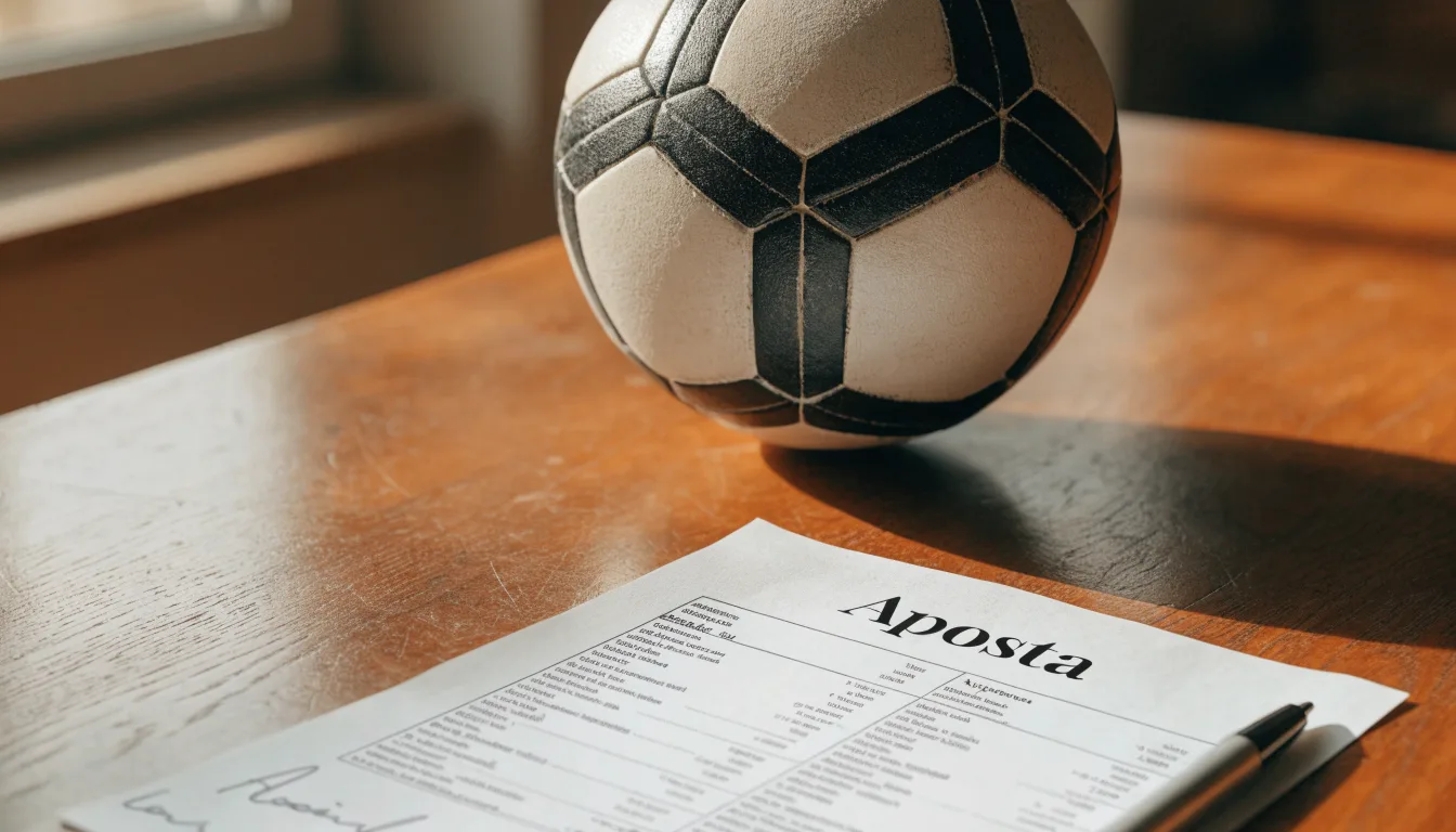 Uma bola de futebol pousada sobre um talão de apostas em branco numa mesa de madeira, à luz do dia