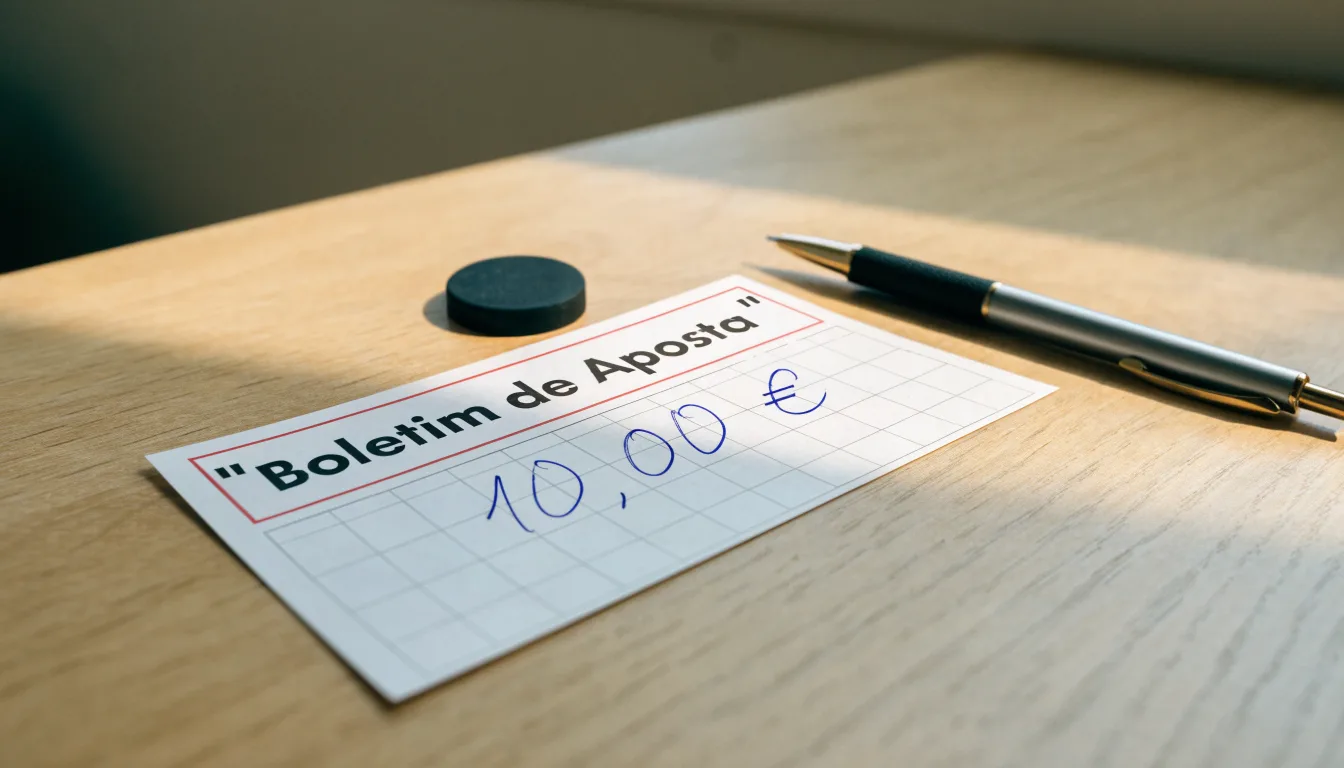 Uma bola de futebol pousada sobre um talão de apostas em branco numa mesa de madeira, à luz do dia
