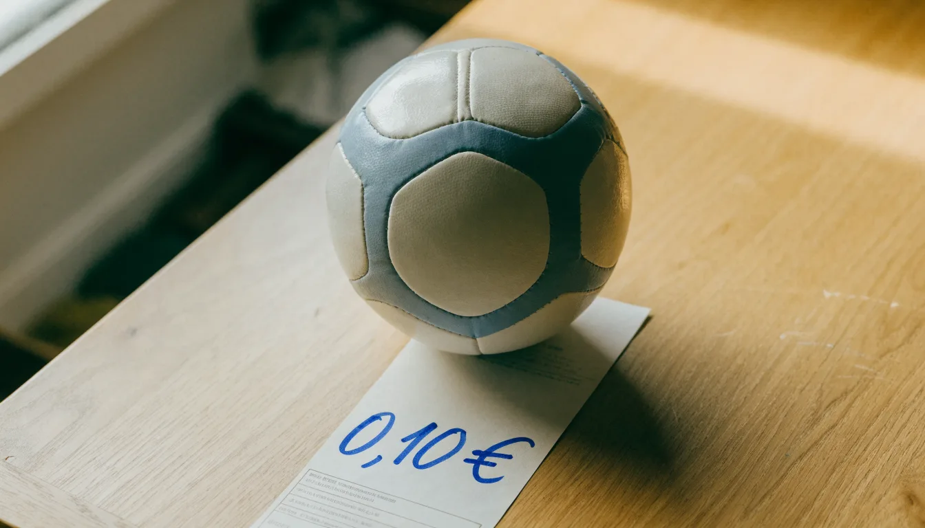 Uma bola de futebol pousada sobre um talão de apostas em branco numa mesa de madeira, à luz do dia