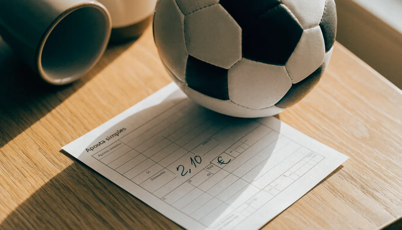 Uma bola de futebol pousada sobre um talão de apostas em branco numa mesa de madeira, à luz do dia
