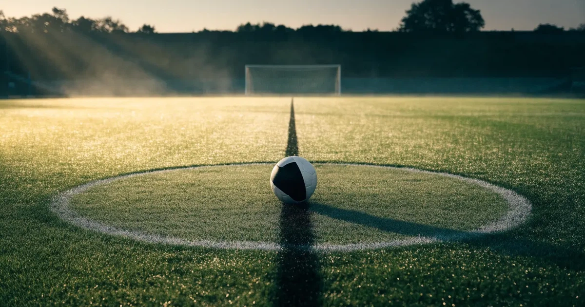 Uma bola de futebol no ponto central de um relvado, à luz da manhã