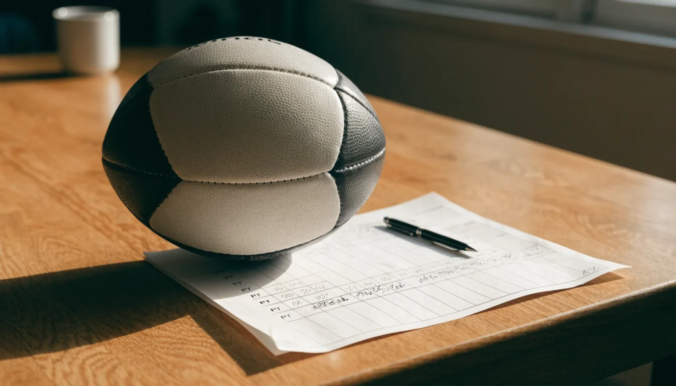 Uma bola de futebol pousada sobre um talão de apostas em branco numa mesa de madeira, à luz do dia