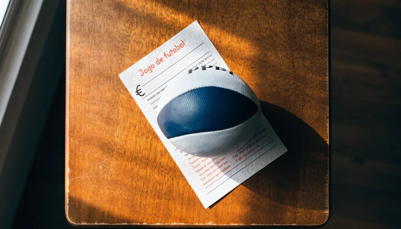 Uma bola de futebol pousada sobre um talão de apostas em branco numa mesa de madeira, à luz do dia
