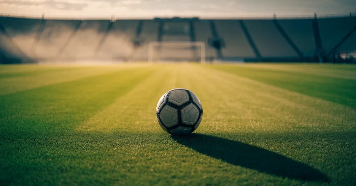 Uma bola de futebol no ponto central de um relvado, à luz da manhã