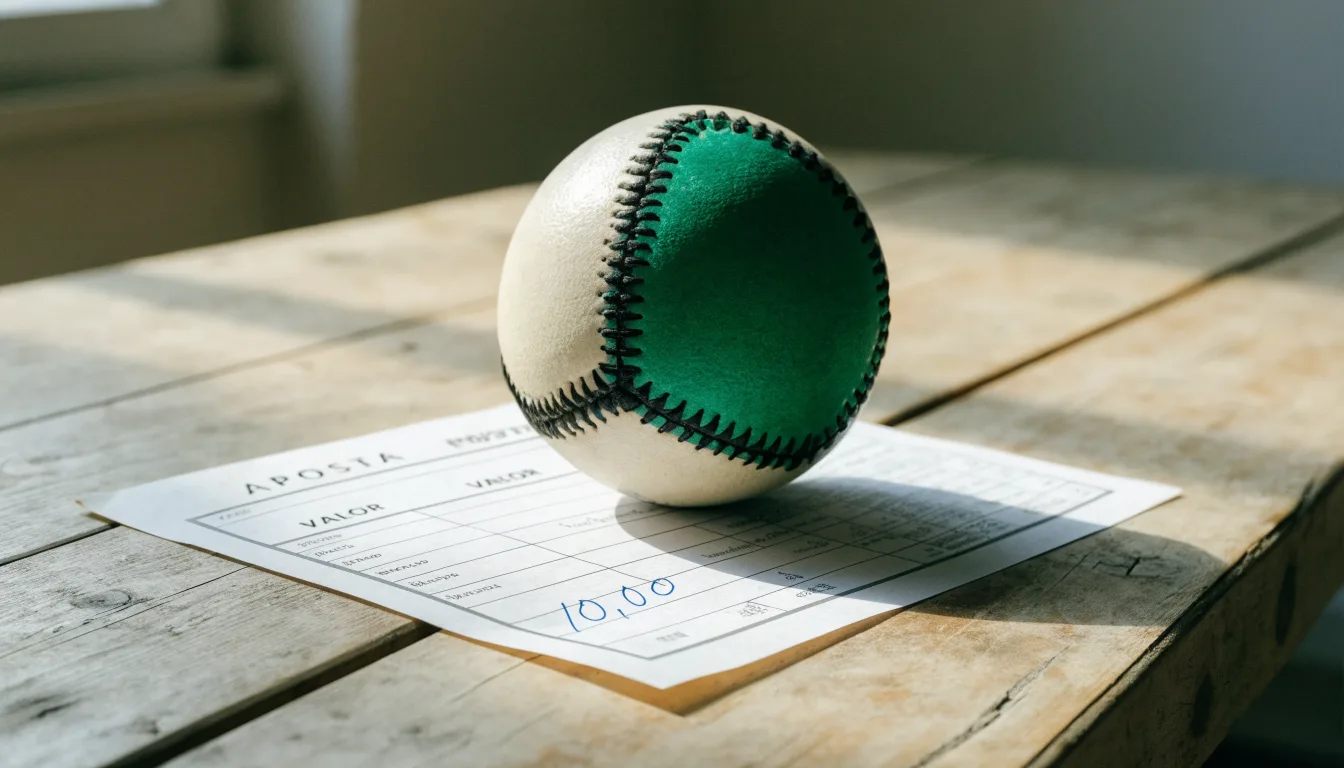 Uma bola de futebol pousada sobre um talão de apostas em branco numa mesa de madeira, à luz do dia