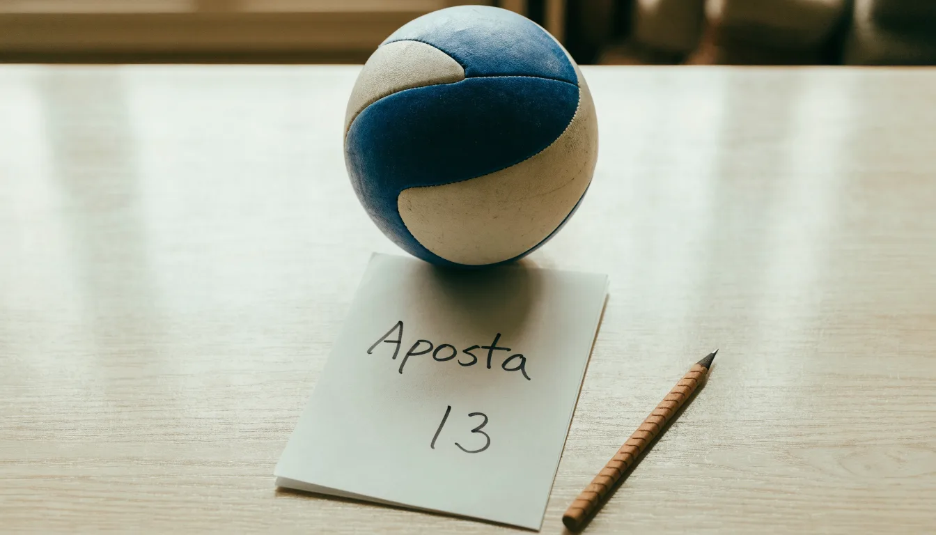 Uma bola de futebol pousada sobre um talão de apostas em branco numa mesa de madeira, à luz do dia