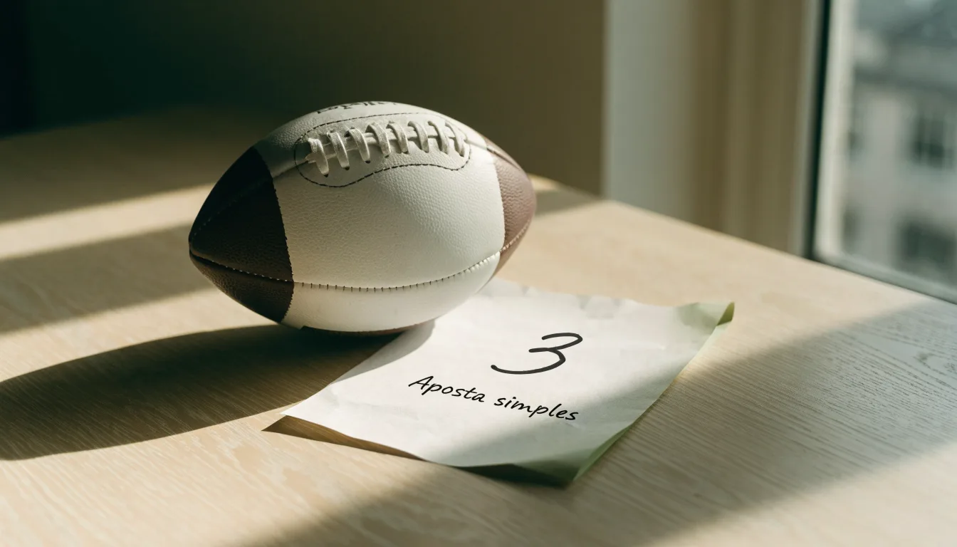 Uma bola de futebol pousada sobre um talão de apostas em branco numa mesa de madeira, à luz do dia