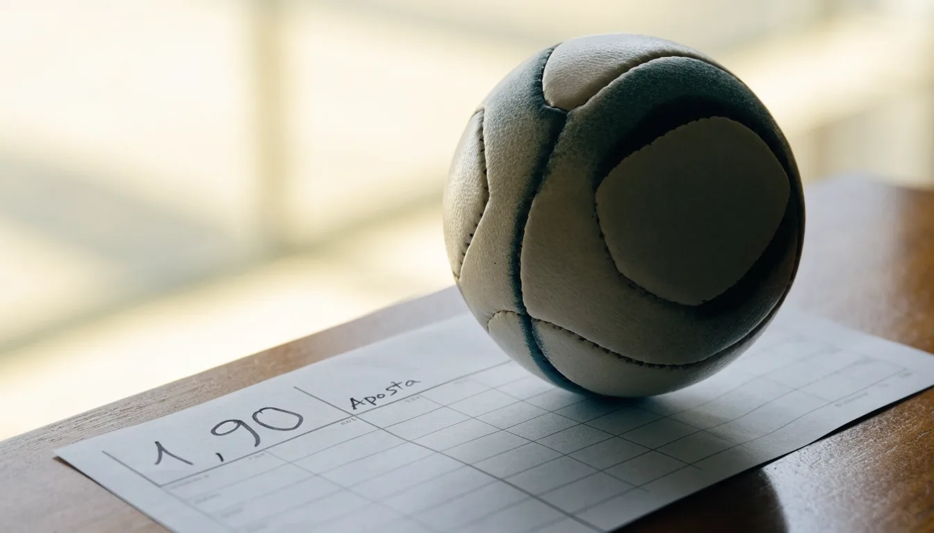 Uma bola de futebol pousada sobre um talão de apostas em branco numa mesa de madeira, à luz do dia