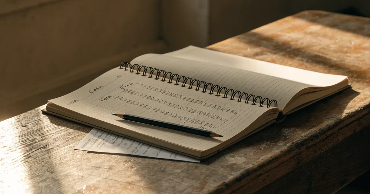 Um caderno aberto com cotas escritas à mão, uma calculadora e um lápis sobre uma mesa de madeira