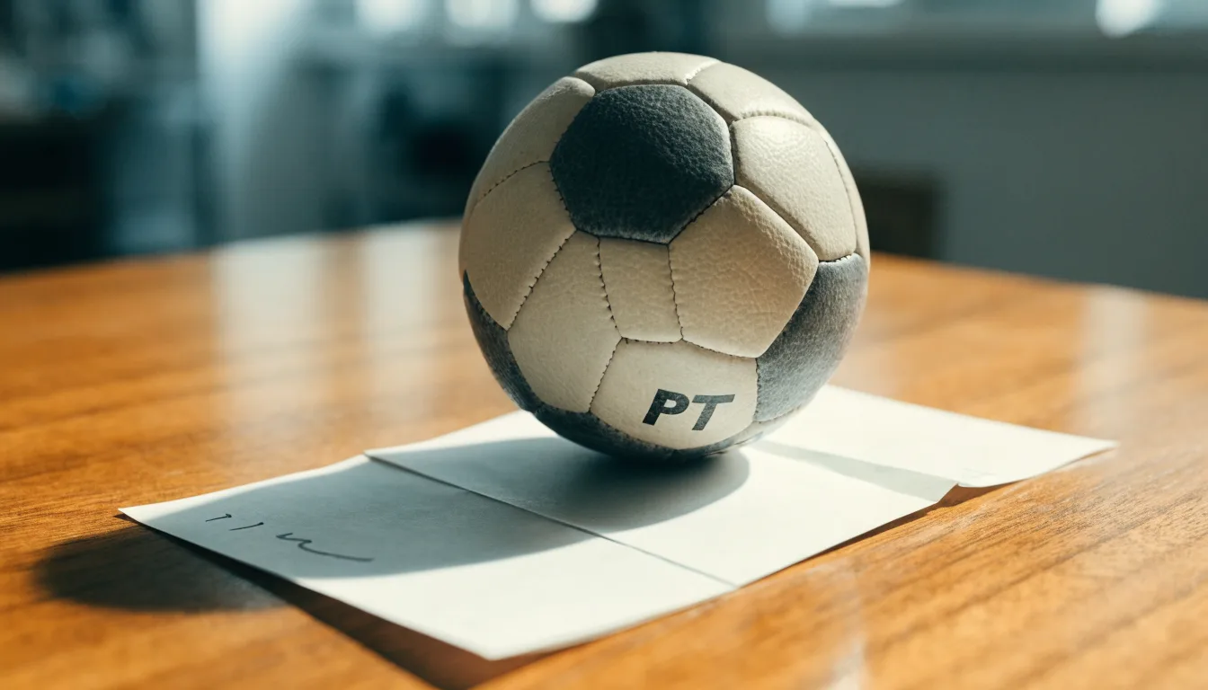 Uma bola de futebol pousada sobre um talão de apostas em branco numa mesa de madeira, à luz do dia