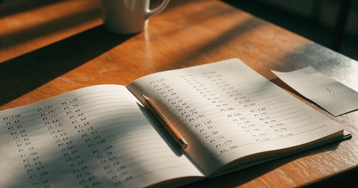 Um caderno aberto com cotas escritas à mão, uma calculadora e um lápis sobre uma mesa de madeira