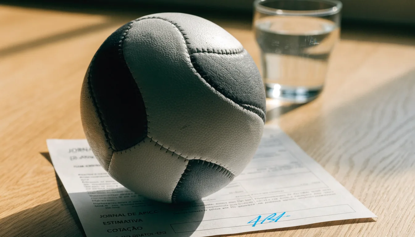 Uma bola de futebol pousada sobre um talão de apostas em branco numa mesa de madeira, à luz do dia