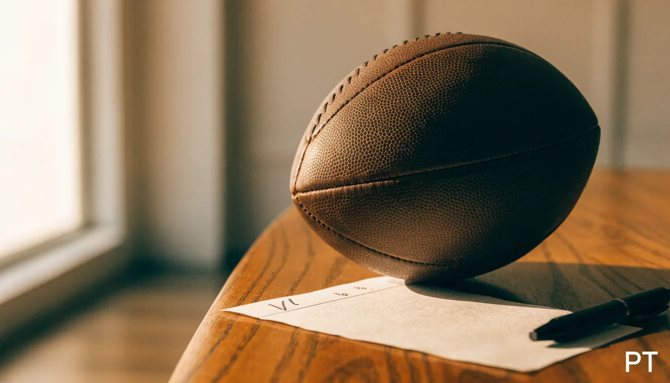 Uma bola de futebol pousada sobre um talão de apostas em branco numa mesa de madeira, à luz do dia