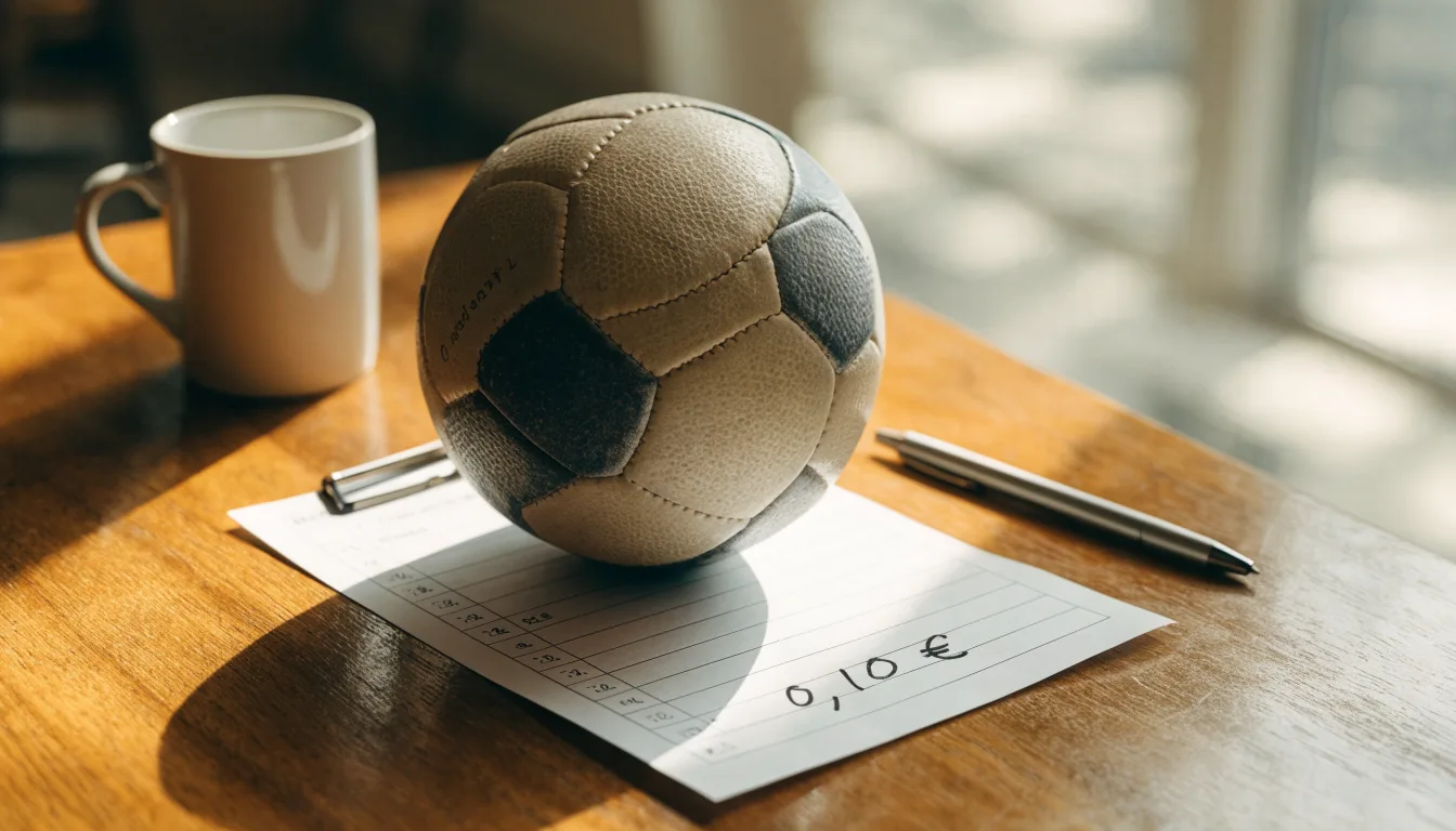 Uma bola de futebol pousada sobre um talão de apostas em branco numa mesa de madeira, à luz do dia