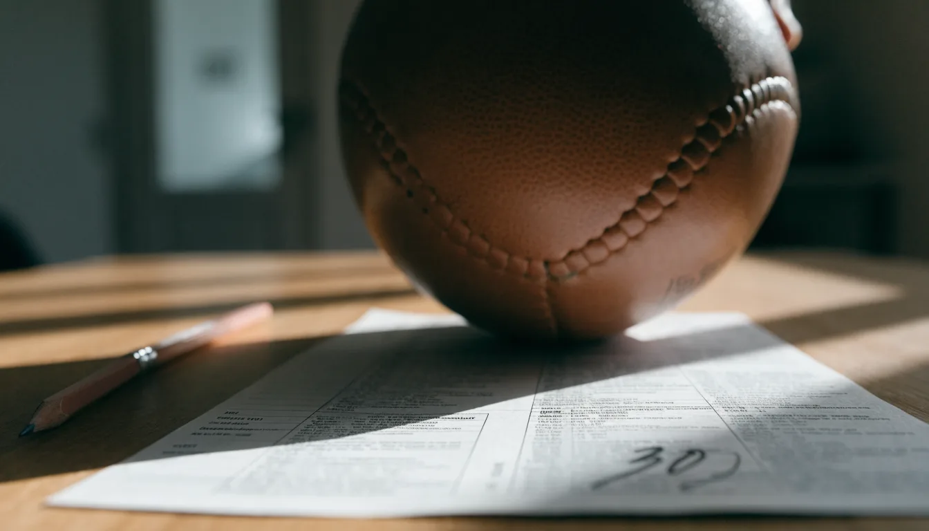 Uma bola de futebol pousada sobre um talão de apostas em branco numa mesa de madeira, à luz do dia