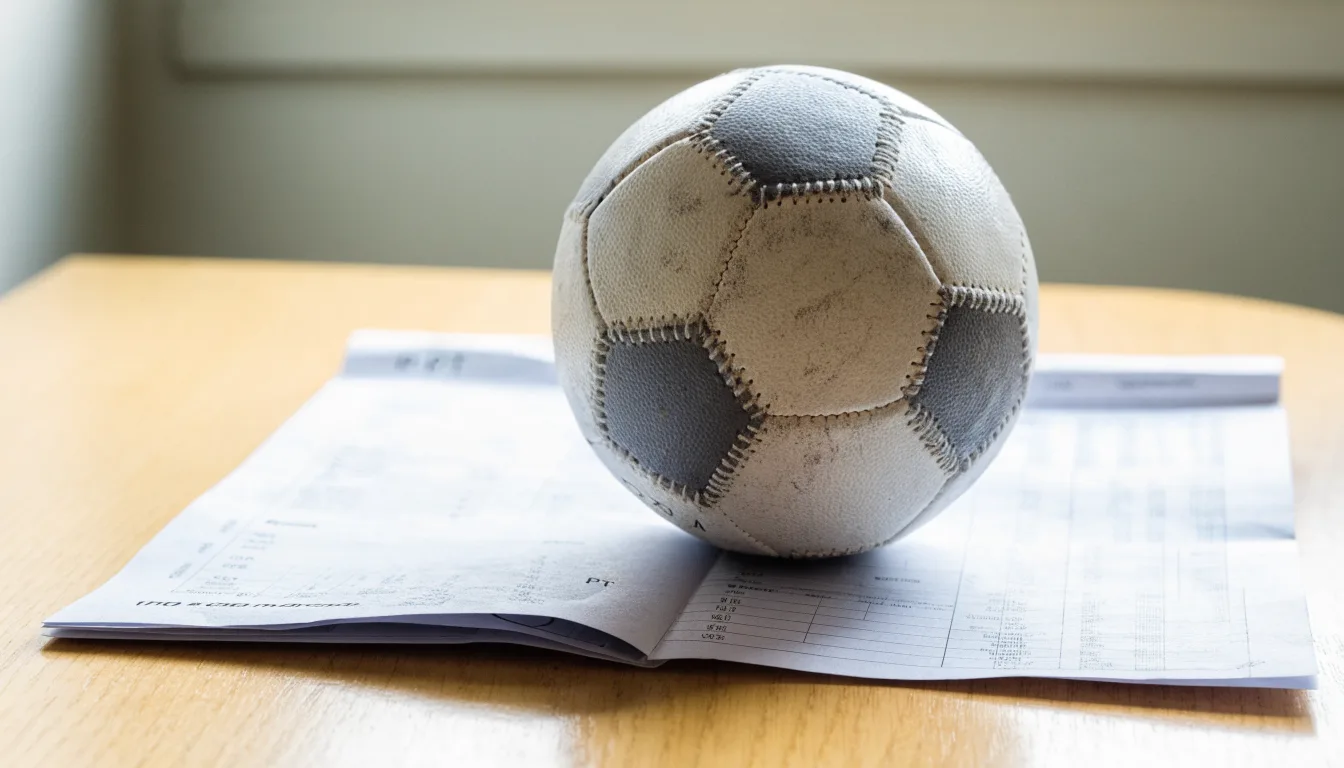 Uma bola de futebol pousada sobre um talão de apostas em branco numa mesa de madeira, à luz do dia
