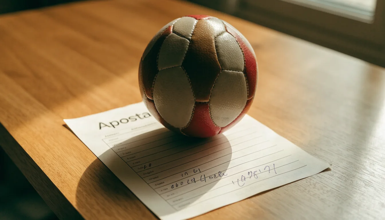 Uma bola de futebol pousada sobre um talão de apostas em branco numa mesa de madeira, à luz do dia