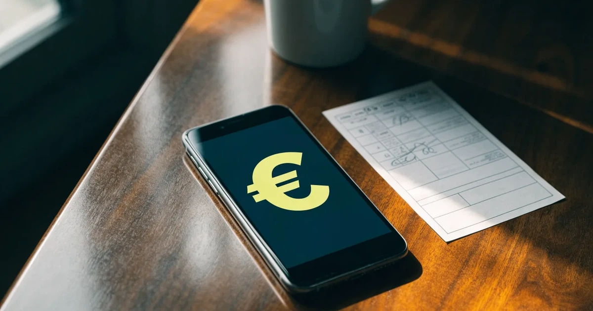 Uma moeda física de bitcoin ao lado de um telemóvel com um talão de aposta no ecrã, sobre uma mesa escura