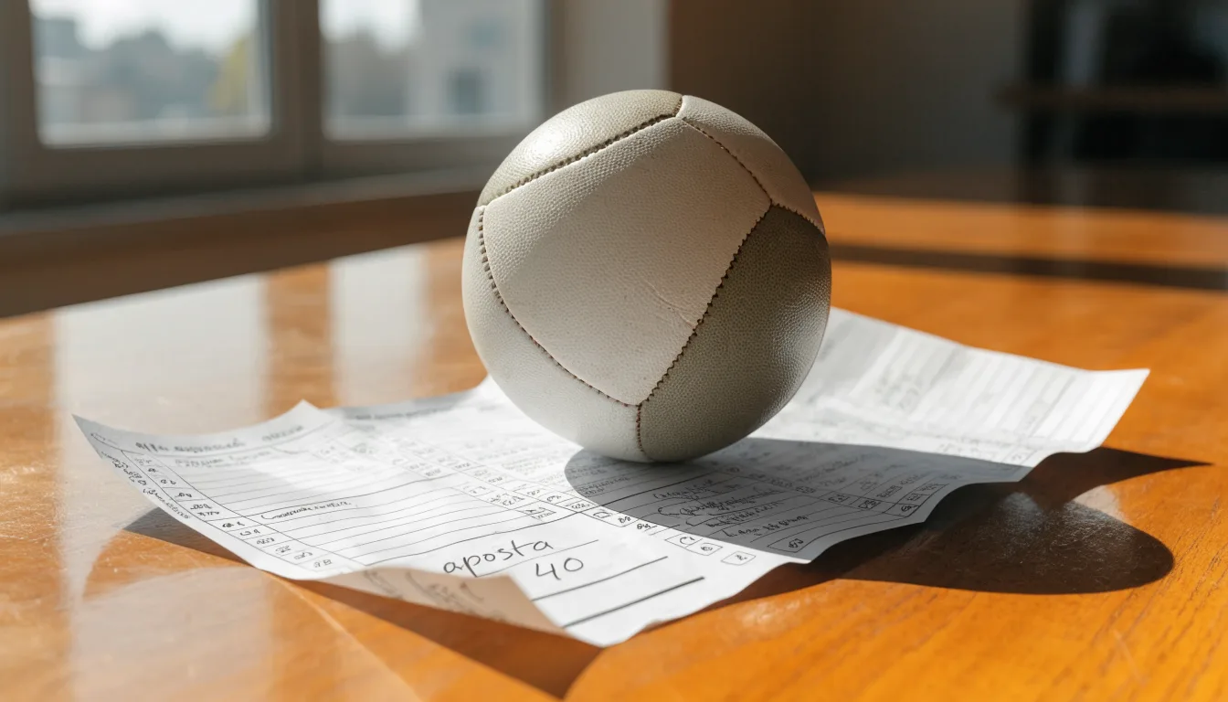 Uma bola de futebol pousada sobre um talão de apostas em branco numa mesa de madeira, à luz do dia