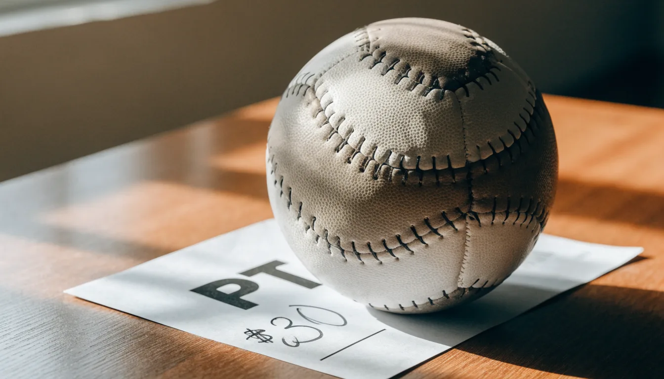 Uma bola de futebol pousada sobre um talão de apostas em branco numa mesa de madeira, à luz do dia