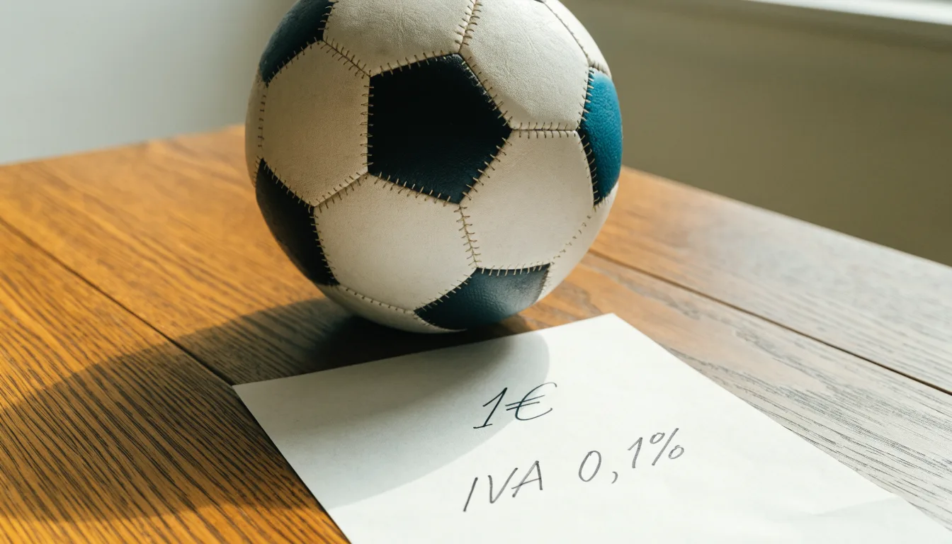 Uma bola de futebol pousada sobre um talão de apostas em branco numa mesa de madeira, à luz do dia