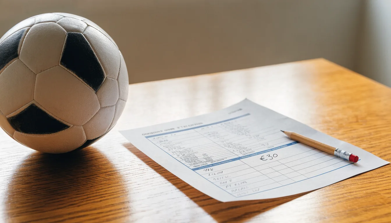 Uma bola de futebol pousada sobre um talão de apostas em branco numa mesa de madeira, à luz do dia