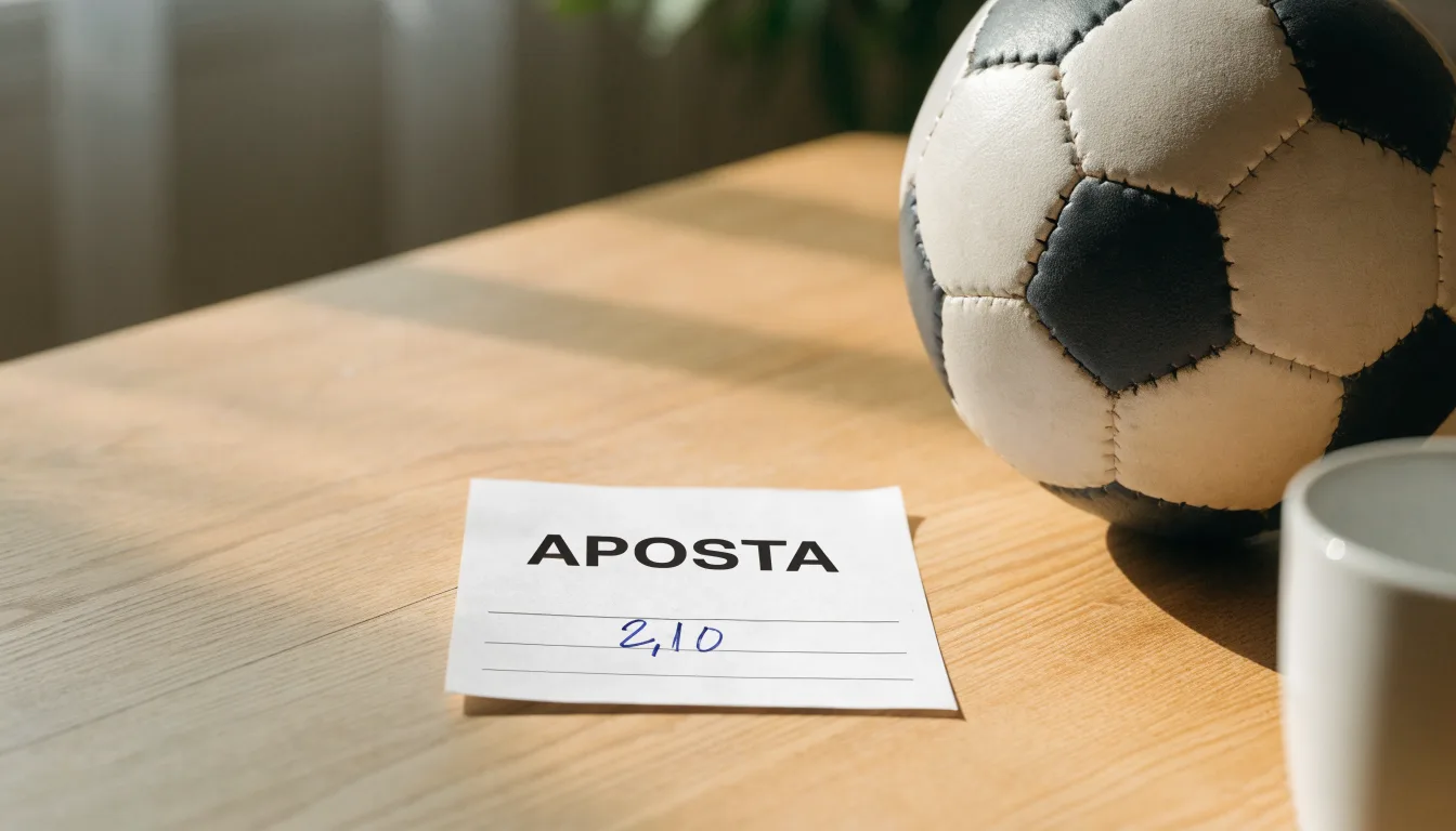 Uma bola de futebol pousada sobre um talão de apostas em branco numa mesa de madeira, à luz do dia