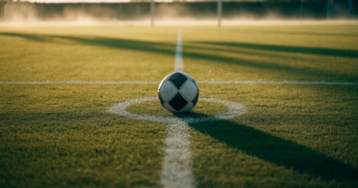 Uma bola de futebol no ponto central de um relvado, à luz da manhã