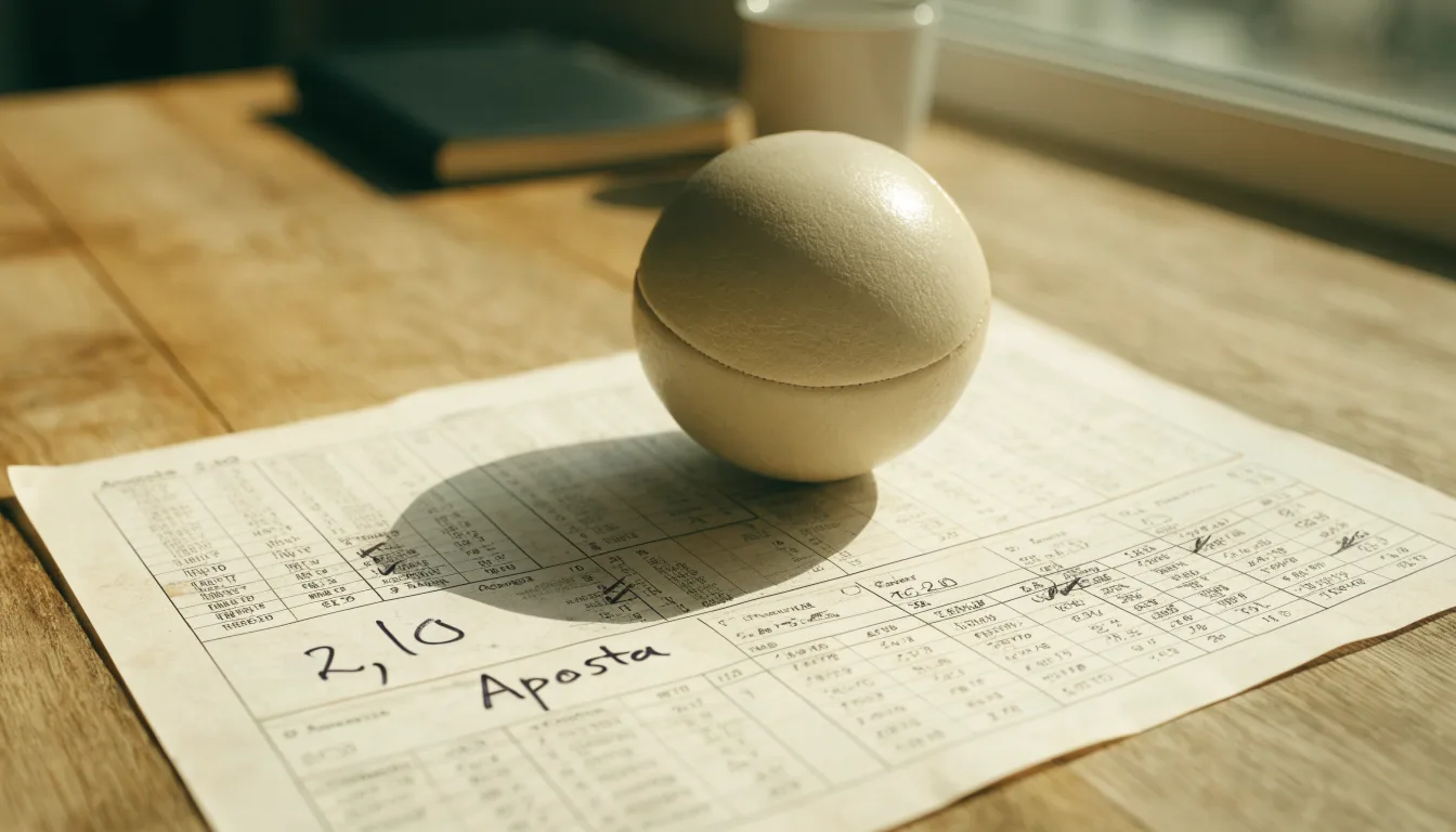 Uma bola de futebol pousada sobre um talão de apostas em branco numa mesa de madeira, à luz do dia